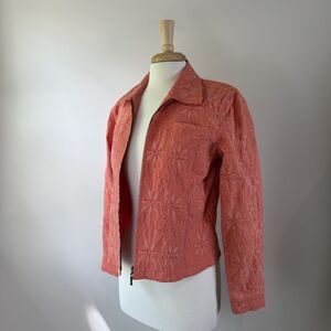 Floral Textured Jacquard Cropped Boxy Coral Zip Jacket